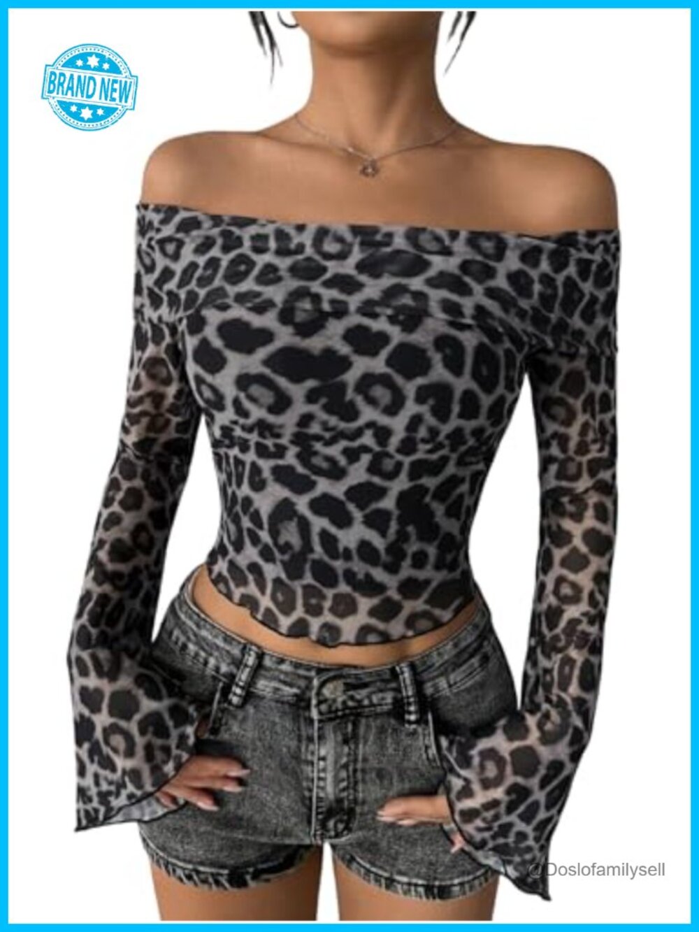 Women Off Shoulder Sheer Mesh Crop Top Long Sleeve Blouse